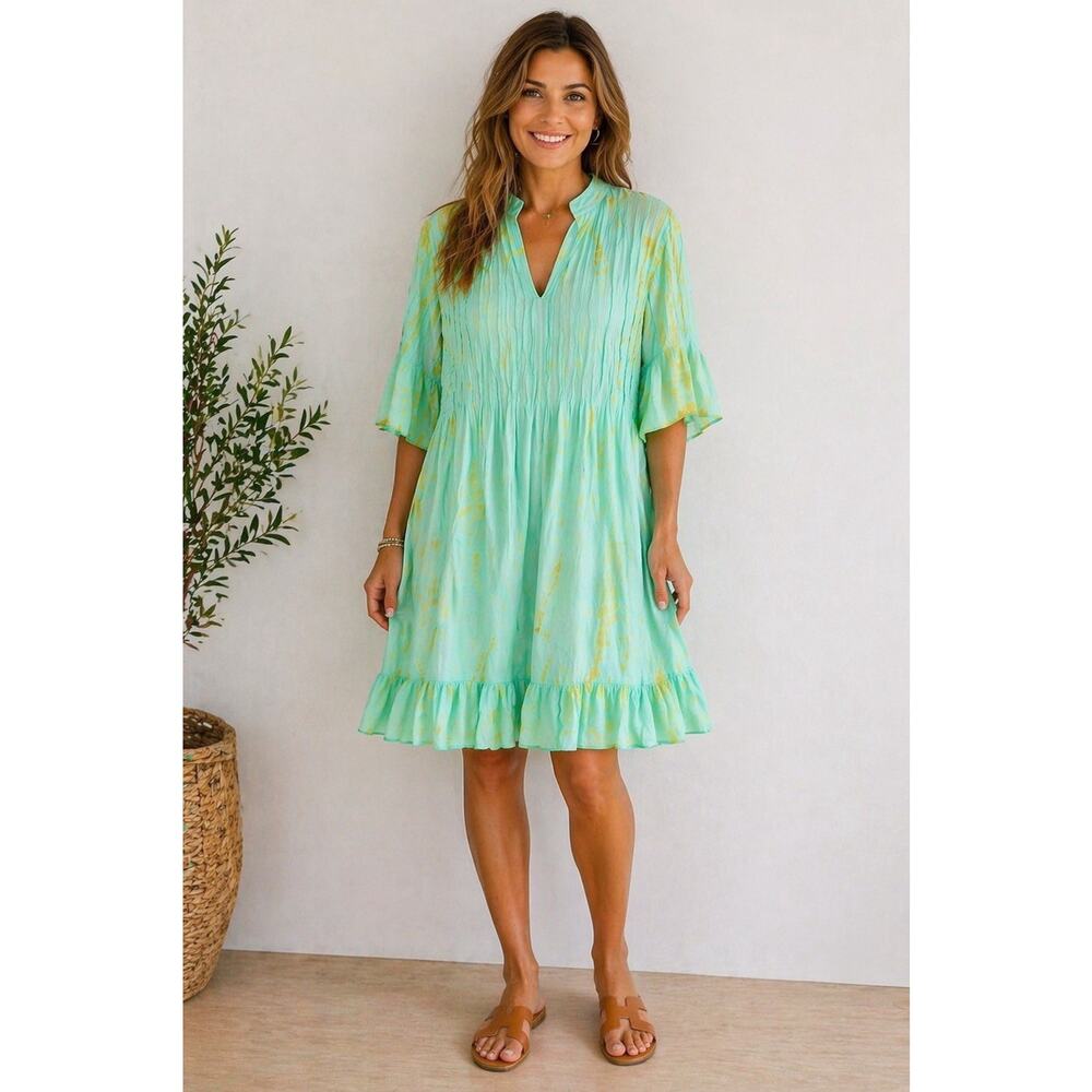 Aqua Blue Green Tie Dye Gauze Dress Women’s XL Boho Cotton Flowy Festival Fairy